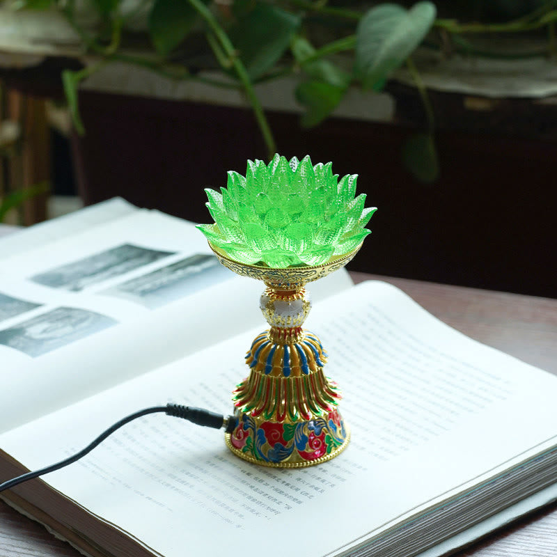 Buddha Stones Base de cristal Lotus Liuli con ocho símbolos auspiciosos para la iluminación y la decoración del hogar. - Loto verde (9*14-16*6,8 cm) - Enchufe - image 12
