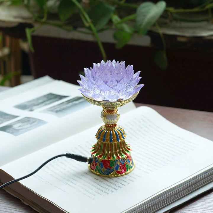 Buddha Stones Base de cristal Lotus Liuli con ocho símbolos auspiciosos para la iluminación y la decoración del hogar. - Loto morado claro (9*14-16*6,8 cm) - Enchufe - image 13