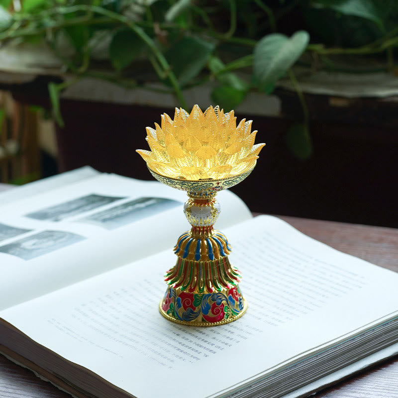 Buddha Stones Base de cristal Lotus Liuli con ocho símbolos auspiciosos para la iluminación y la decoración del hogar. - Loto dorado (9*14-16*6,8 cm) - Recargable - image 25