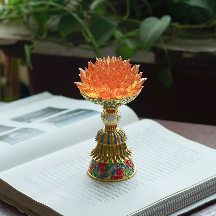 Buddha Stones Base de cristal Lotus Liuli con ocho símbolos auspiciosos para la iluminación y la decoración del hogar. - Loto naranja (9*14-16*6,8 cm) - Recargable - image 26
