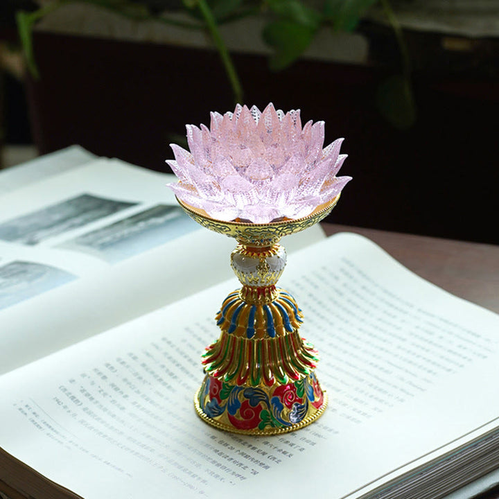 Buddha Stones Base de cristal Lotus Liuli con ocho símbolos auspiciosos para la iluminación y la decoración del hogar. - Loto rosa (9*14-16*6,8 cm) - Recargable - image 28