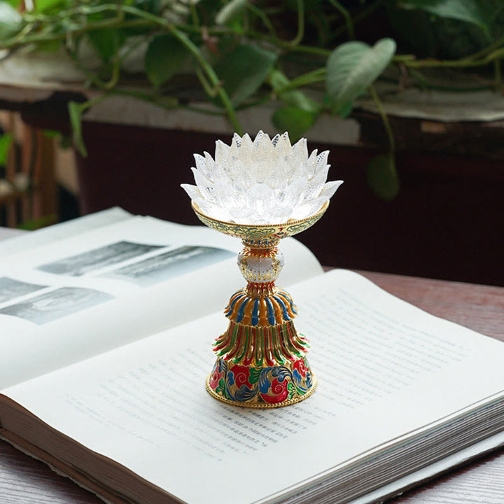 Buddha Stones Base de cristal Lotus Liuli con ocho símbolos auspiciosos para la iluminación y la decoración del hogar. - Loto blanco (9*14-16*6,8 cm) - Recargable - image 29