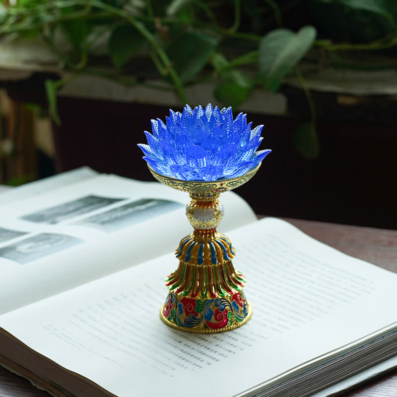 Buddha Stones Base de cristal Lotus Liuli con ocho símbolos auspiciosos para la iluminación y la decoración del hogar. - Loto azul (9*14-16*6,8 cm) - Recargable - image 30