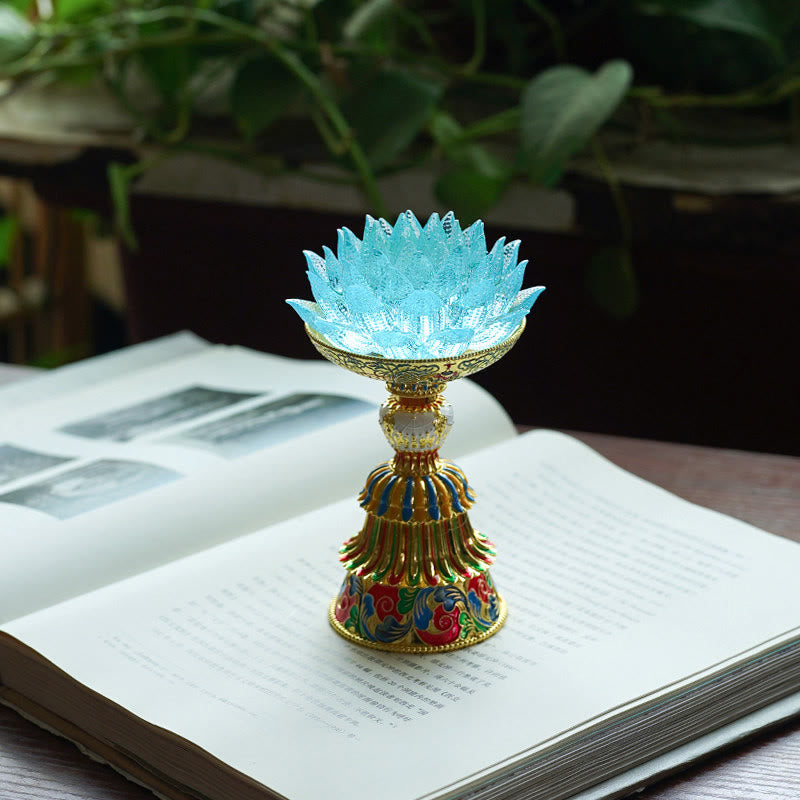 Buddha Stones Base de cristal Lotus Liuli con ocho símbolos auspiciosos para la iluminación y la decoración del hogar. - Loto azul claro (9*14-16*6,8 cm) - Recargable - image 33