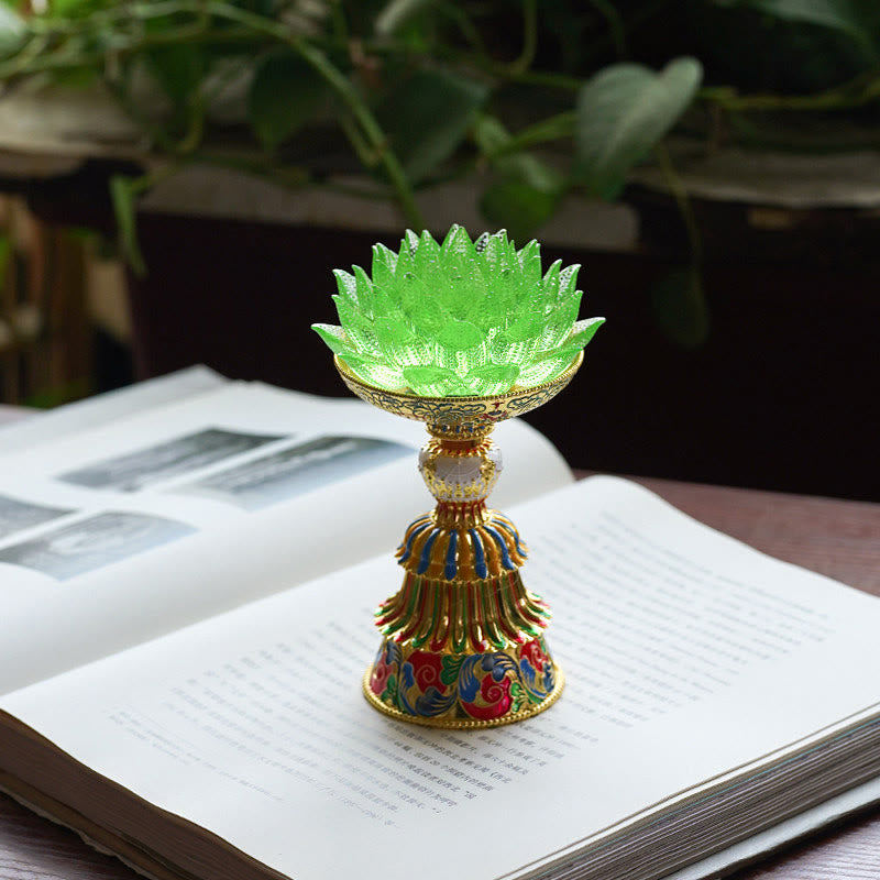 Buddha Stones Base de cristal Lotus Liuli con ocho símbolos auspiciosos para la iluminación y la decoración del hogar. - Loto verde (9*14-16*6,8 cm) - Recargable - image 34
