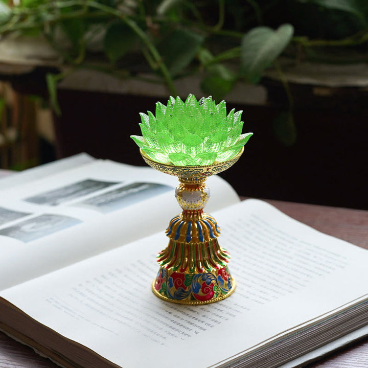 Buddha Stones Base de cristal Lotus Liuli con ocho símbolos auspiciosos para la iluminación y la decoración del hogar. - Loto verde (9*14-16*6,8 cm) - Recargable - image 34