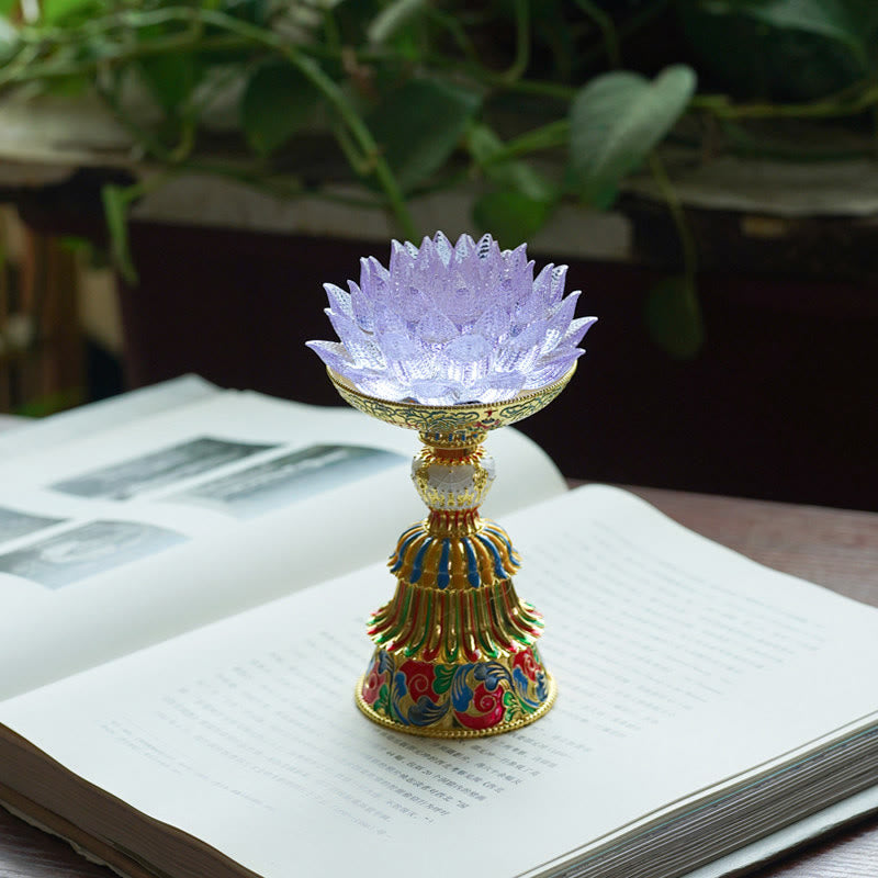 Buddha Stones Base de cristal Lotus Liuli con ocho símbolos auspiciosos para la iluminación y la decoración del hogar. - Loto morado claro (9*14-16*6,8 cm) - Recargable - image 36