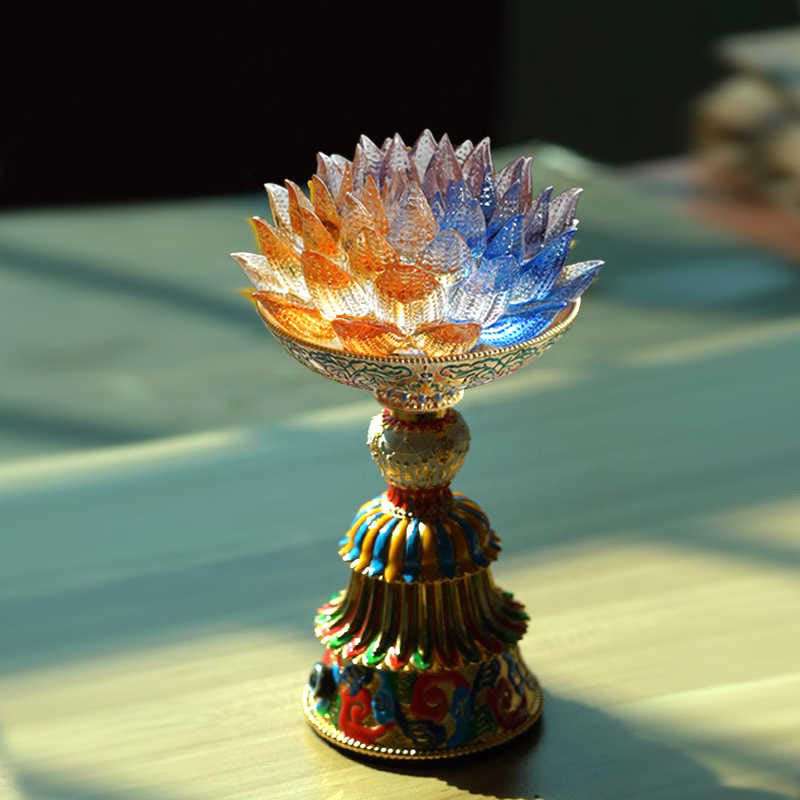 Buddha Stones Base de cristal Lotus Liuli con ocho símbolos auspiciosos para la iluminación y la decoración del hogar. - Loto multicolor (9*14-16*6,8 cm) - Recargable - image 0