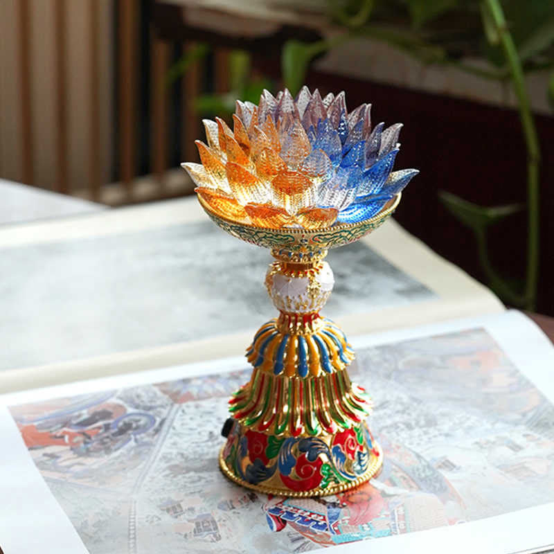 Buddha Stones Base de cristal Lotus Liuli con ocho símbolos auspiciosos para la iluminación y la decoración del hogar. - image 15