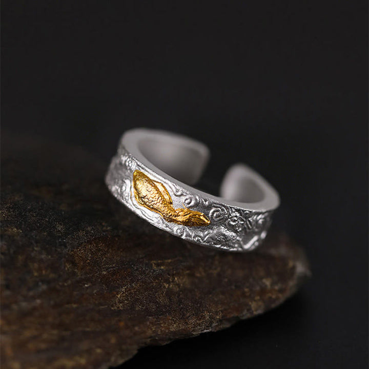 Buddha Stones Anillo de la suerte con nubes auspiciosas de pez koi en plata de ley 999 y oro 999 - image 3