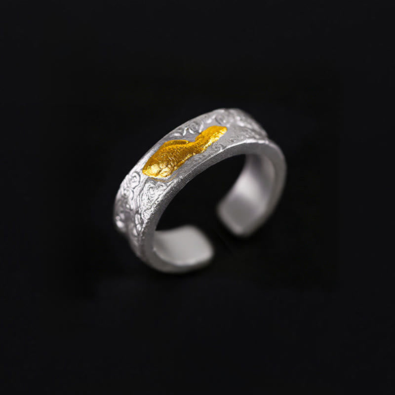 Buddha Stones Anillo de la suerte con nubes auspiciosas de pez koi en plata de ley 999 y oro 999 - image 1