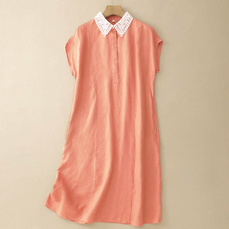 Buddha Stones Vestido midi de algodón sin mangas con solapa, diseño de encaje calado de verano y bolsillos - Salmón claro - US14，UK/AU18，EU46 (2XL) - image 0