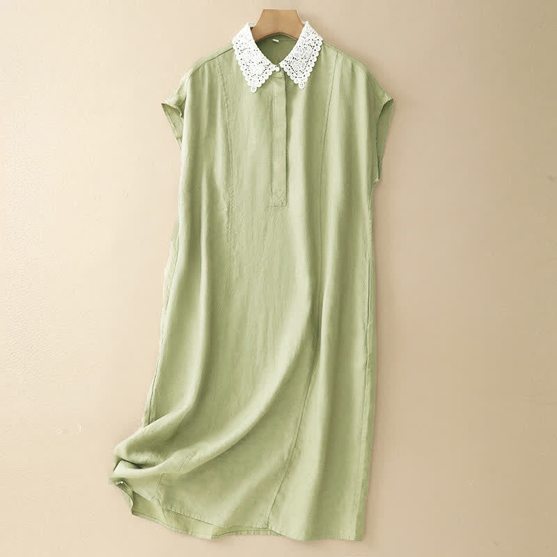 Buddha Stones Vestido midi de algodón sin mangas con solapa, diseño de encaje calado de verano y bolsillos - AmarilloVerde - US14，UK/AU18，EU46 (2XL) - image 18