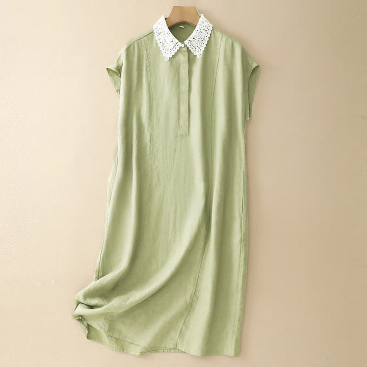 Buddha Stones Vestido midi de algodón sin mangas con solapa, diseño de encaje calado de verano y bolsillos - AmarilloVerde - US14，UK/AU18，EU46 (2XL) - image 18