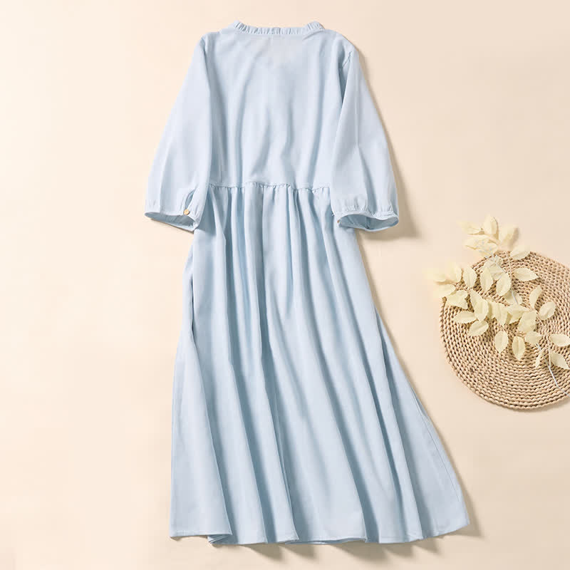 Buddha Stones Vestido midi de algodón de manga corta con botones y diseño plisado para el viaje de verano - image 1
