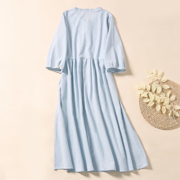 Buddha Stones Vestido midi de algodón de manga corta con botones y diseño plisado para el viaje de verano - image 1