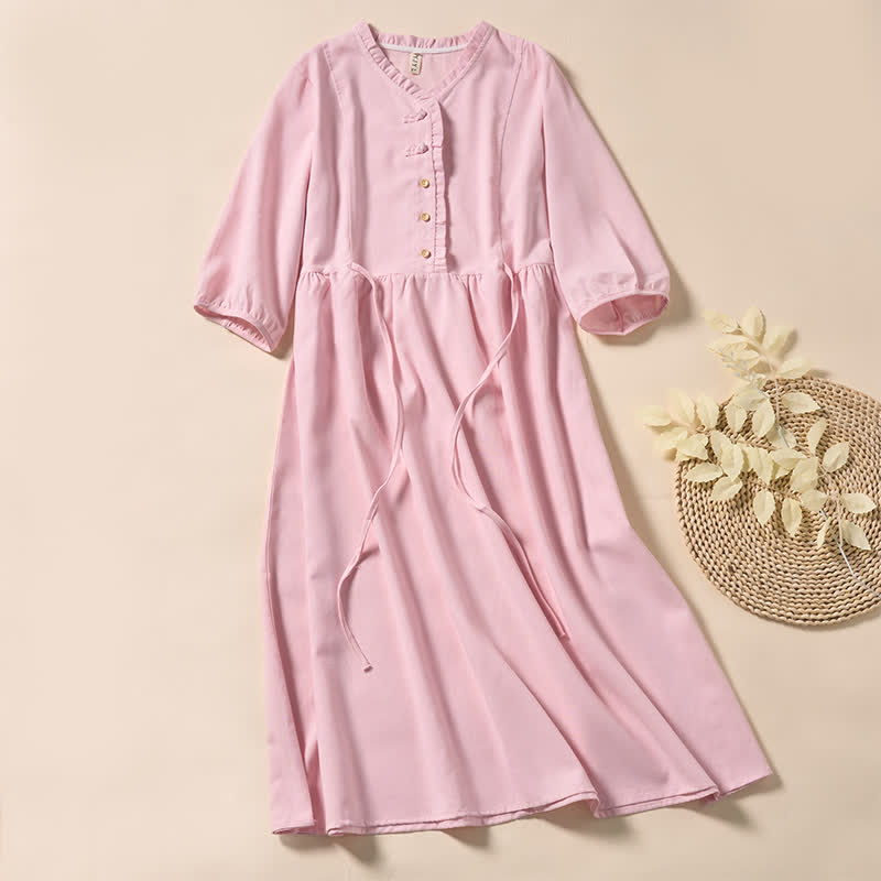 Buddha Stones Vestido midi de algodón de manga corta con botones y diseño plisado para el viaje de verano - Rosa claro - US8-10，UK/AU12-14，EU40-42 (2XL) - image 6