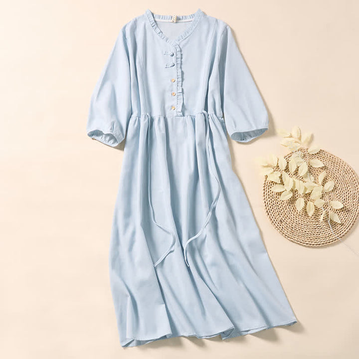 Buddha Stones Vestido midi de algodón de manga corta con botones y diseño plisado para el viaje de verano - Azul polvoriento - US8-10，UK/AU12-14，EU40-42 (2XL) - image 0