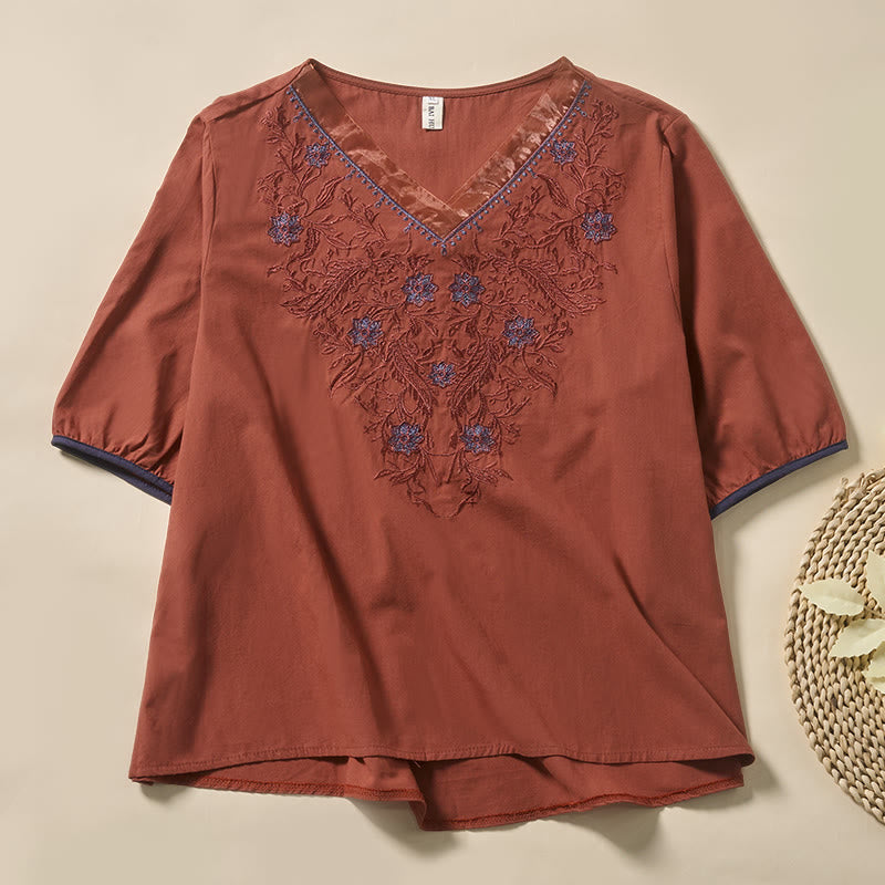 Buddha Stones Camiseta de manga corta de poliéster con cuello en V y estampado floral informal para mujer - Rojo indio - US8-10，UK/AU12-14，EU40-42 (2XL) - image 6