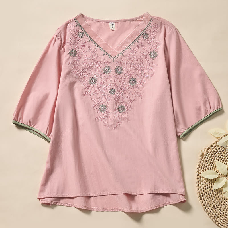 Buddha Stones Camiseta de manga corta de poliéster con cuello en V y estampado floral informal para mujer - Rosa - US8-10，UK/AU12-14，EU40-42 (2XL) - image 8