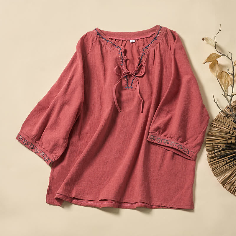 Buddha Stones Camisa de algodón con cuello en V y bordado de líneas, con cordones y media manga para mujer de verano - Salmón - US12, UK/AU16, EU44 (3XL) - image 5