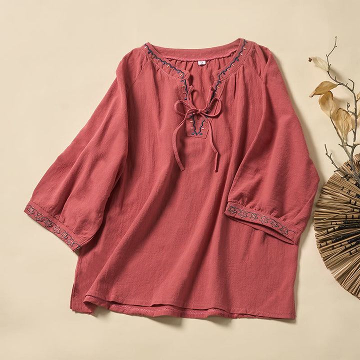 Buddha Stones Camisa de algodón con cuello en V y bordado de líneas, con cordones y media manga para mujer de verano - Salmón - US12, UK/AU16, EU44 (3XL) - image 5