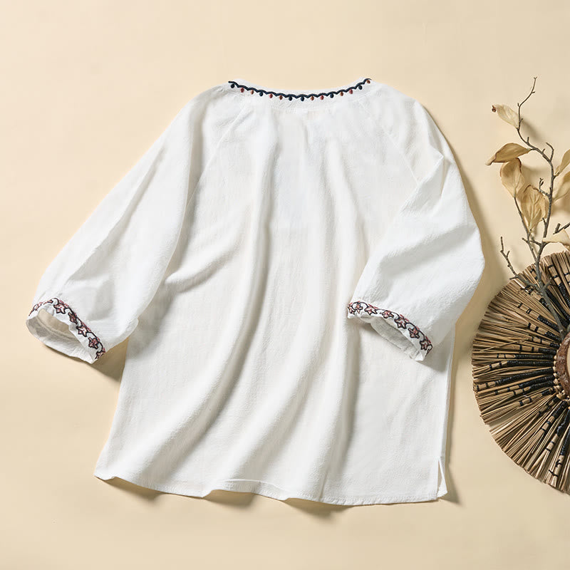 Buddha Stones Camisa de algodón con cuello en V y bordado de líneas, con cordones y media manga para mujer de verano - image 8