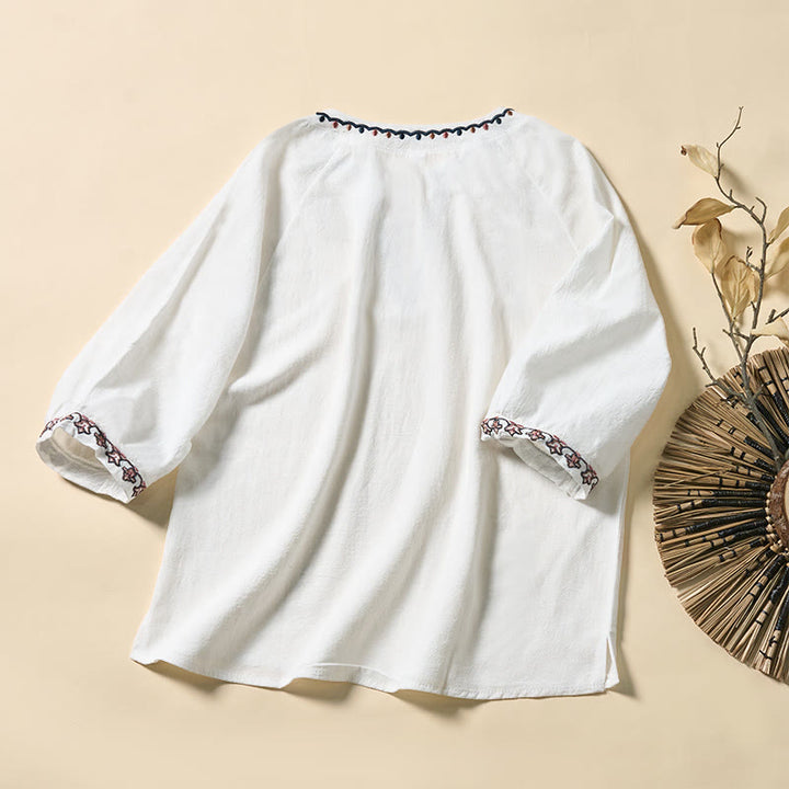 Buddha Stones Camisa de algodón con cuello en V y bordado de líneas, con cordones y media manga para mujer de verano - image 8