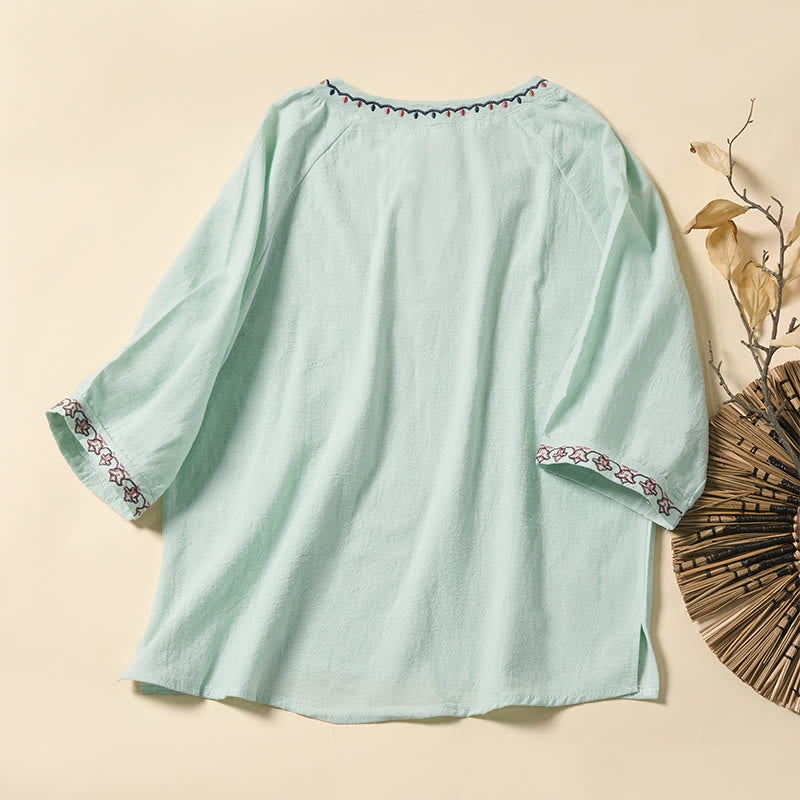 Buddha Stones Camisa de algodón con cuello en V y bordado de líneas, con cordones y media manga para mujer de verano - image 1