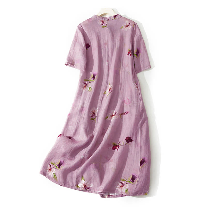 Buddha Stones Vestido midi de manga corta con cuello alto y diseño floral de orquídea de verano con bolsillos - image 1