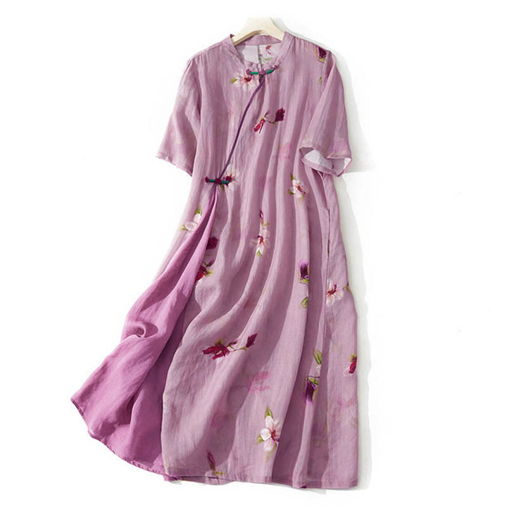 Buddha Stones Vestido midi de manga corta con cuello alto y diseño floral de orquídea de verano con bolsillos - Violeta pálido rojo - US12, UK/AU16, EU44 (3XL) - image 0