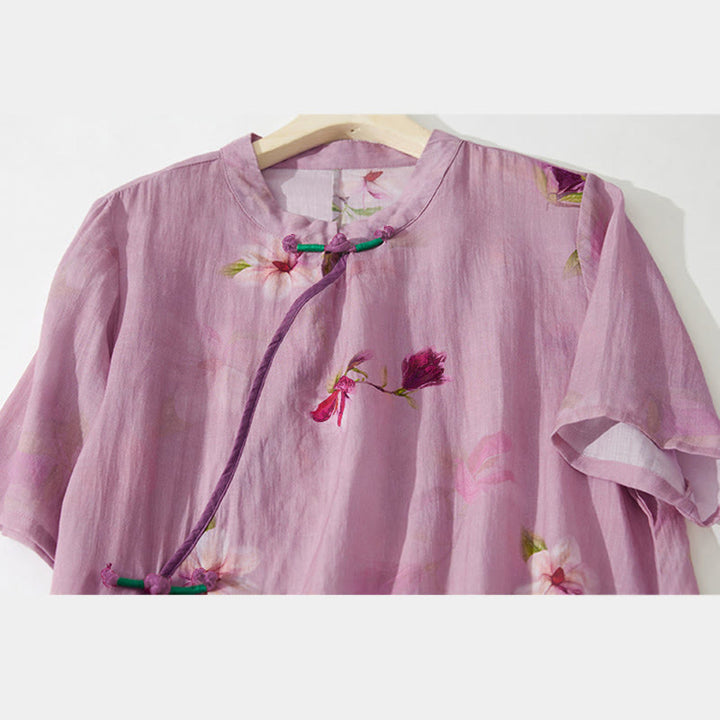 Buddha Stones Vestido midi de manga corta con cuello alto y diseño floral de orquídea de verano con bolsillos - image 7