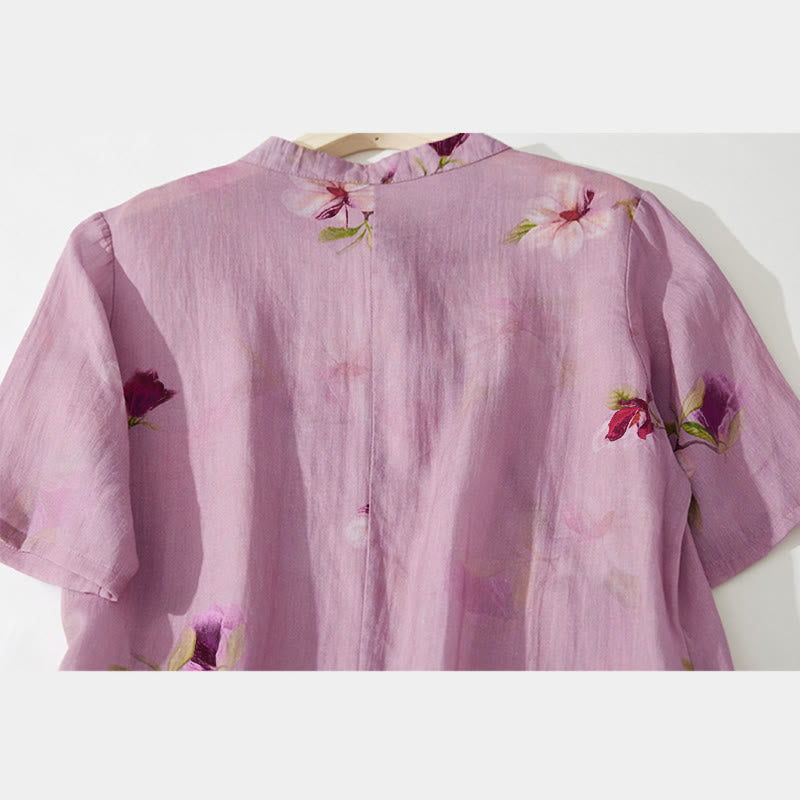 Buddha Stones Vestido midi de manga corta con cuello alto y diseño floral de orquídea de verano con bolsillos - image 8