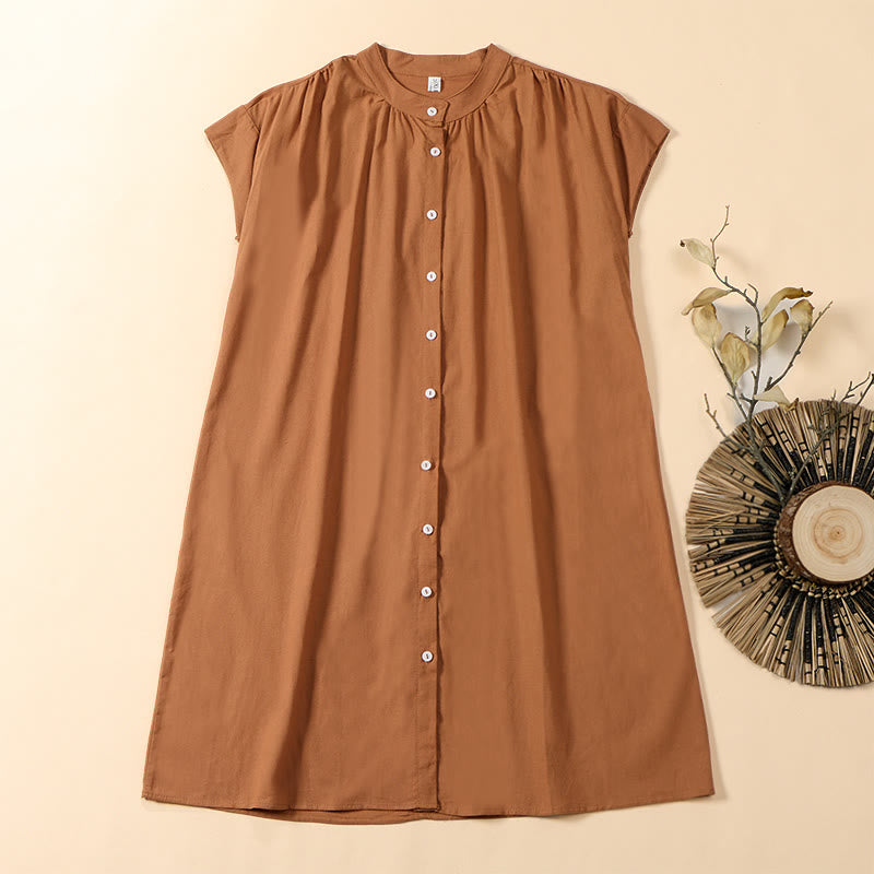 Buddha Stones Vestido midi de verano de color liso con cuello alto y diseño en forma de A y manga corta - Sandy Brown - US12, UK/AU16, EU44 (2XL) - image 0