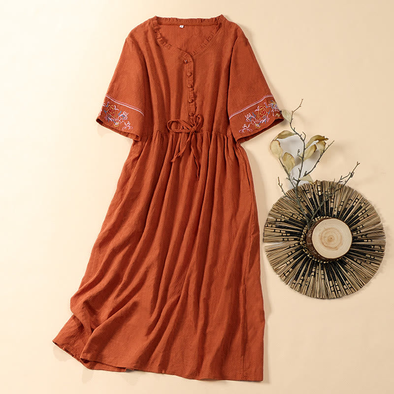 Buddha Stones Vestido midi de algodón de manga corta con cuello en V y diseño floral bordado con bolsillos para verano - Tomate - US8-10，UK/AU12-14，EU40-42 (2XL) - image 0