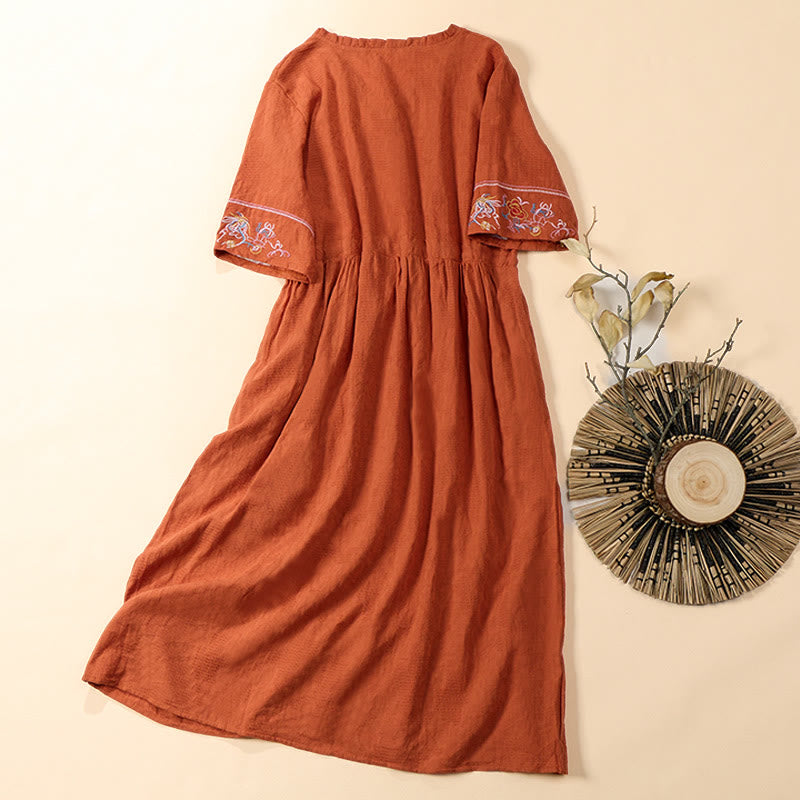 Buddha Stones Vestido midi de algodón de manga corta con cuello en V y diseño floral bordado con bolsillos para verano - image 1