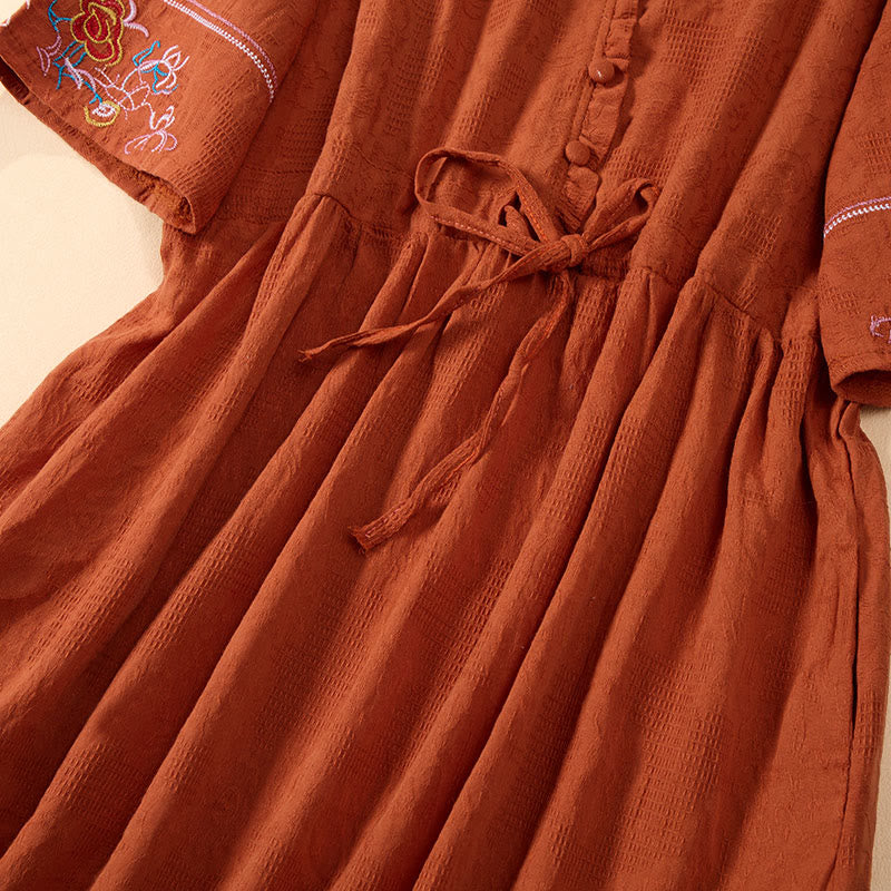 Buddha Stones Vestido midi de algodón de manga corta con cuello en V y diseño floral bordado con bolsillos para verano - image 3