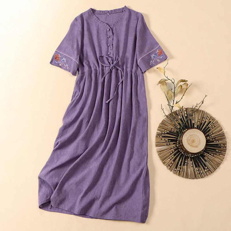 Buddha Stones Vestido midi de algodón de manga corta con cuello en V y diseño floral bordado con bolsillos para verano - Ciruela - US8-10，UK/AU12-14，EU40-42 (2XL) - image 11