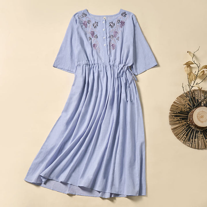 Buddha Stones Vestido midi de manga corta con bordado de vid de verano, con cordones y bolsillos - Azul claro - US8-10，UK/AU12-14，EU40-42 (2XL) - image 0