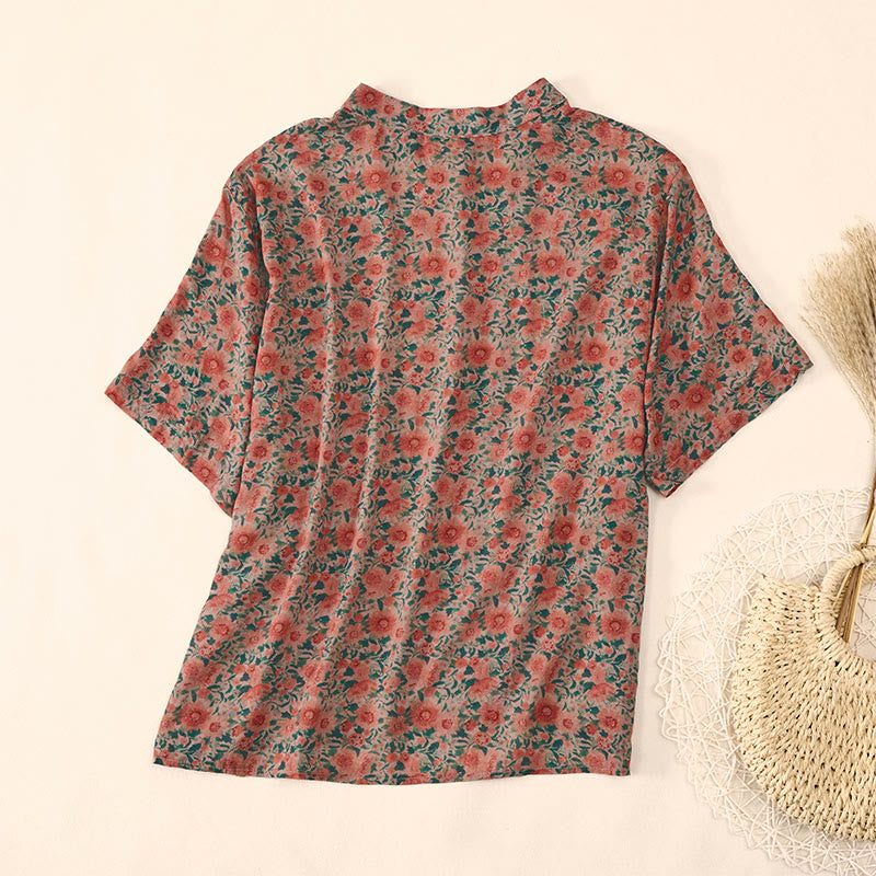 Buddha Stones Camisa de algodón para mujer con cuello alto, manga corta y estampado floral, con botones de rana de verano - image 9