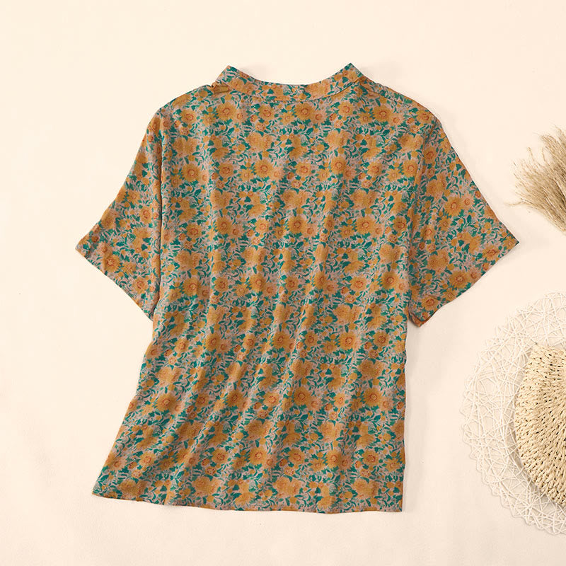 Buddha Stones Camisa de algodón para mujer con cuello alto, manga corta y estampado floral, con botones de rana de verano - image 3