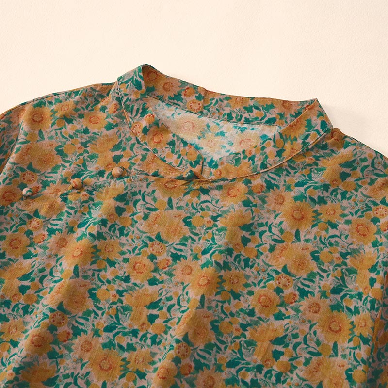 Buddha Stones Camisa de algodón para mujer con cuello alto, manga corta y estampado floral, con botones de rana de verano - image 2
