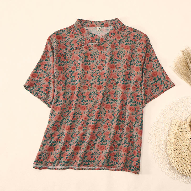 Buddha Stones Camisa de algodón para mujer con cuello alto, manga corta y estampado floral, con botones de rana de verano - Tomate - US12, UK/AU16, EU44 (2XL) - image 6