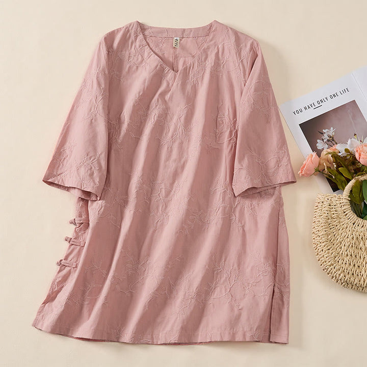 Buddha Stones Camisa de algodón para mujer con cuello en V, manga larga y estampado de hojas de primavera - Rosa - US8-10，UK/AU12-14，EU40-42 (2XL) - image 0