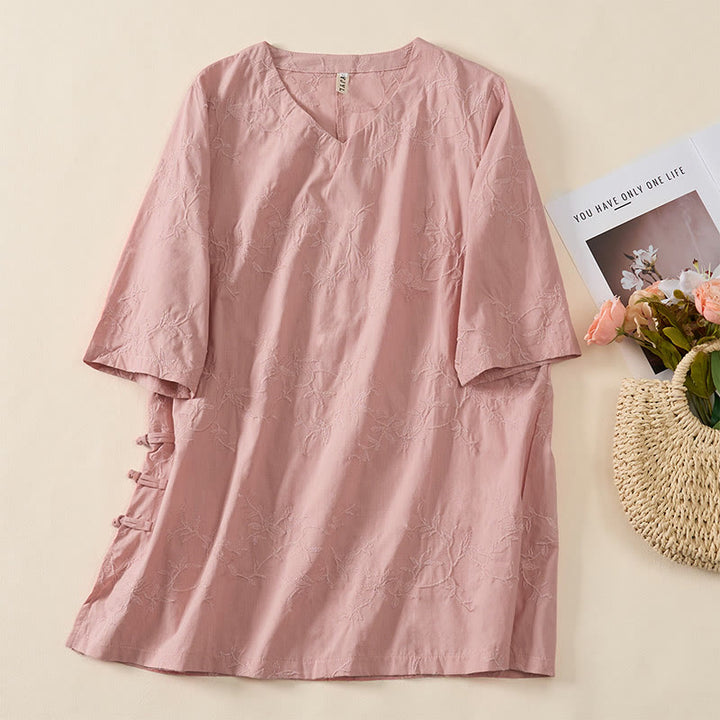 Buddha Stones Camisa de algodón para mujer con cuello en V, manga larga y estampado de hojas de primavera - image 3