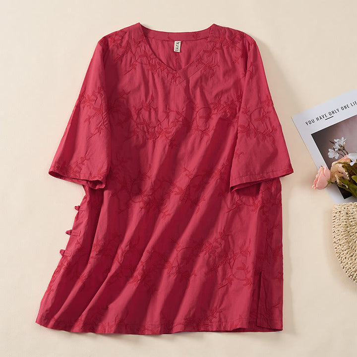 Buddha Stones Camisa de algodón para mujer con cuello en V, manga larga y estampado de hojas de primavera - Rojo - US8-10，UK/AU12-14，EU40-42 (2XL) - image 17