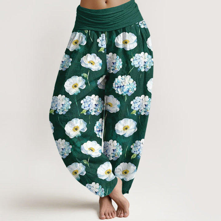 Buddha Stones Pantalones harén de algodón con cintura elástica y estampado floral para mujer - Verde oscuro - US16，UK/AU20，EU48 (3XL) - image 0