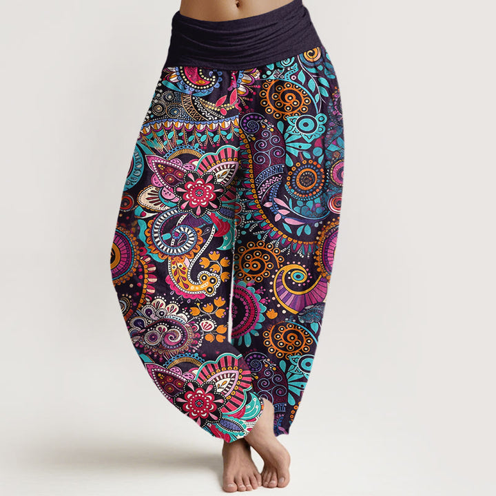 Buddha Stones Pantalones harén de algodón con estampado paisley tradicional para mujer, cintura elástica - Negro - US16，UK/AU20，EU48 (3XL) - image 0