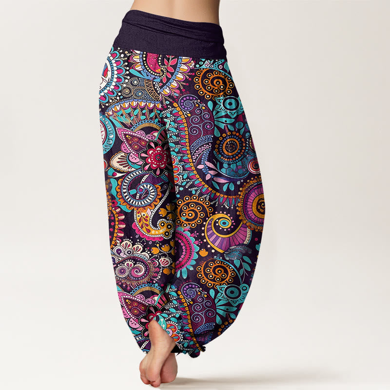 Buddha Stones Pantalones harén de algodón con estampado paisley tradicional para mujer, cintura elástica - image 1