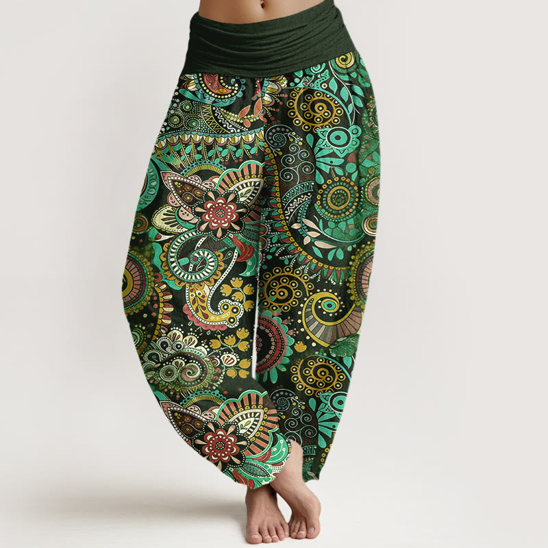 Buddha Stones Pantalones harén de algodón con estampado paisley tradicional para mujer, cintura elástica - Verde oscuro - US16，UK/AU20，EU48 (3XL) - image 5